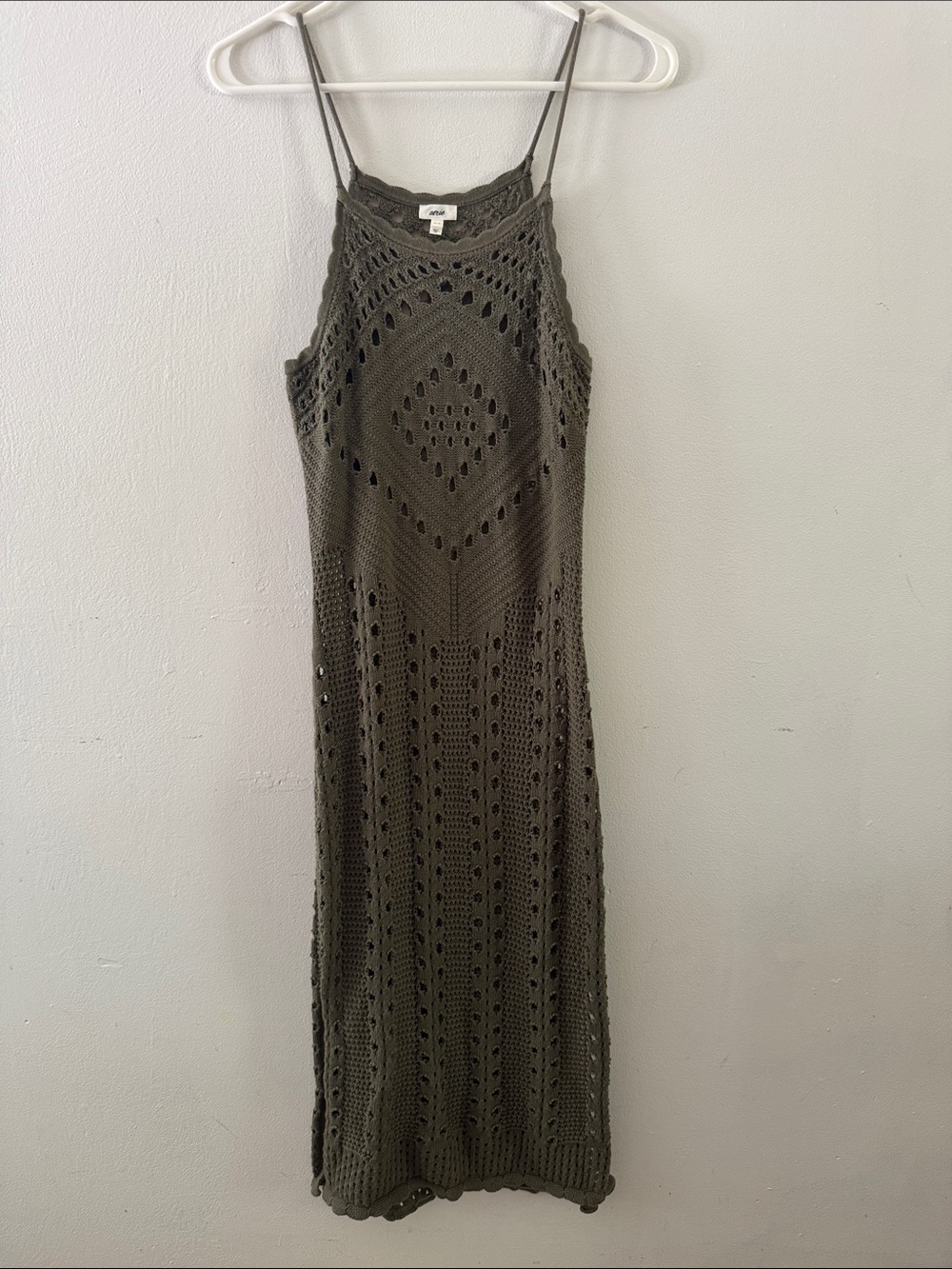 Aerie Olive Green Crochet Halter Midi Dress Sz M